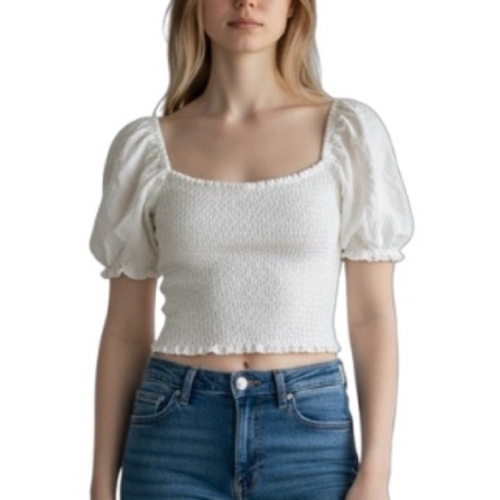 Abercrombie & Fitch Smocked Puff Sleeve Crop Top Size S White Sweetheart